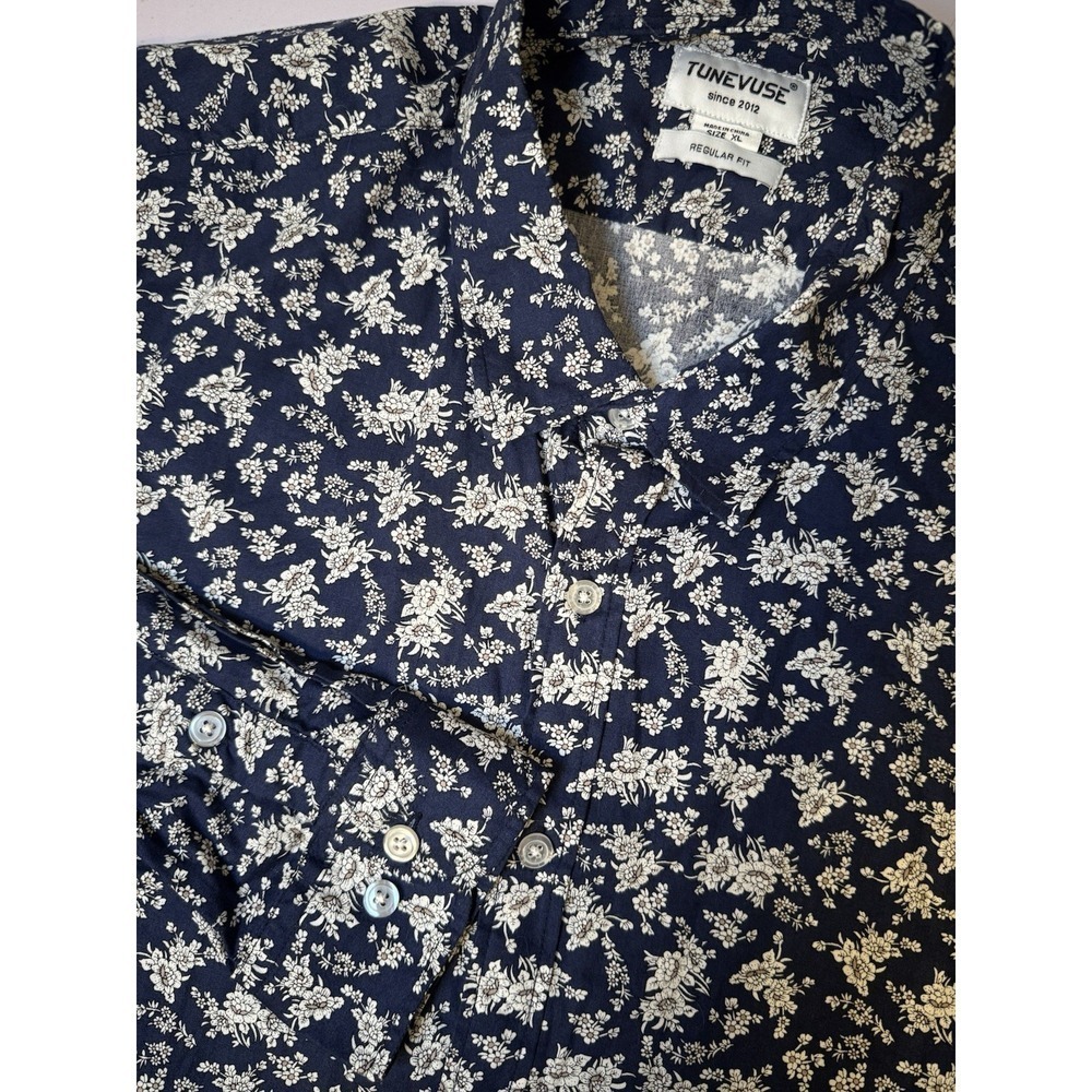 TUNEVUSE Mens Button Down Long‎ Sleeve Shirt XL Reg Fit Floral Navy